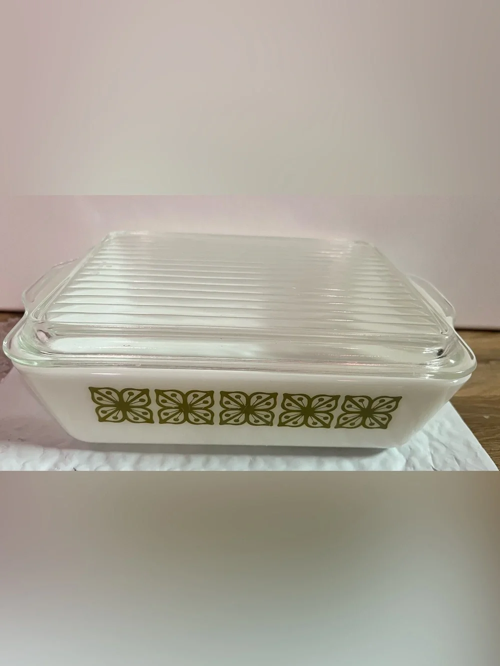 Vintage PYREX - Verde Green Square Flower - 0503 Refrigerator Dish With Lid